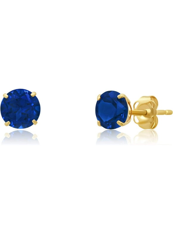 14k Yellow Gold Created Blue Sapphire Round Stud Earrings for Women | 6mm September Birthstone Earrings | Blue Sapphire Earrings for Women | Sapphire Gold Earrings for Women by MAX + STONE