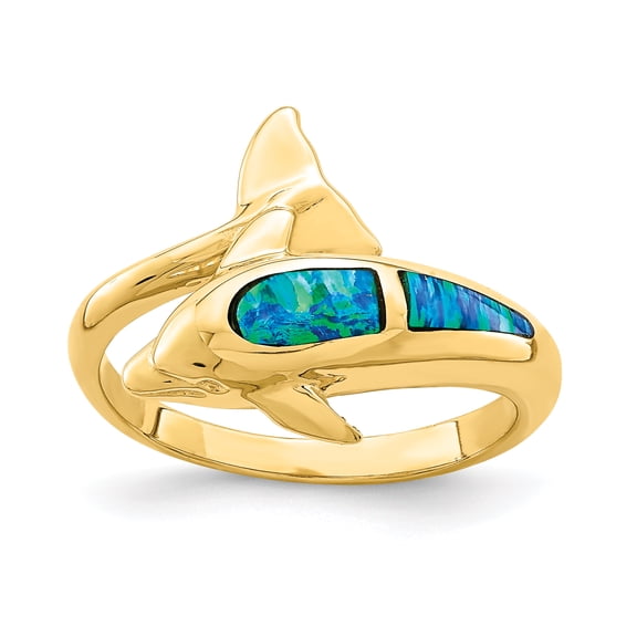14k Yellow Gold Created Opal Dolphin Band Ring