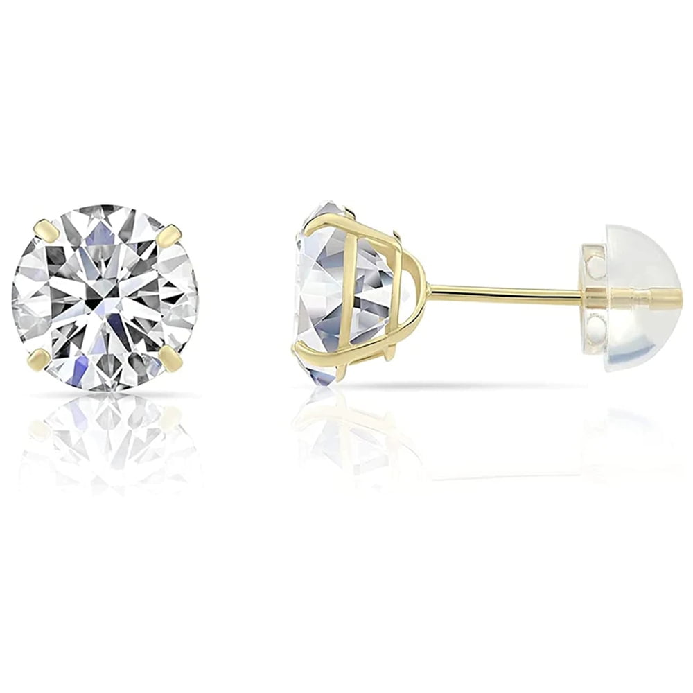 14k Yellow Gold Created Solitaire Round Cubic Zirconia Stud Earrings ...