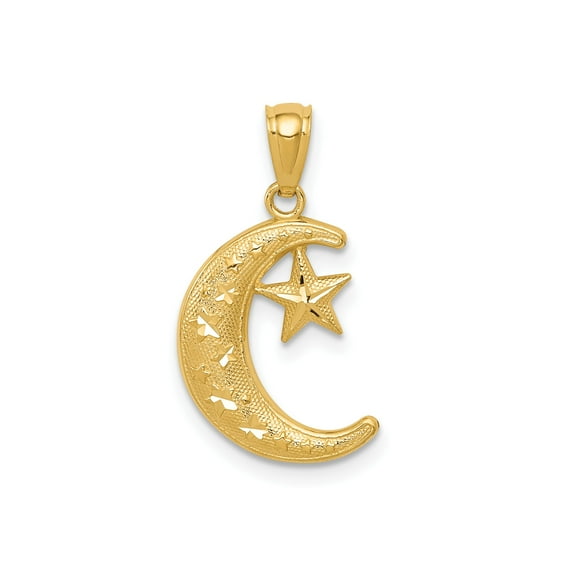 14k Yellow Gold Crescent Moon and Star Pendant for Women or Unisex, Textured Celestial Jewelry Symbolizing Lunar Dreams and Astrology, Polished Star Charm Necklace