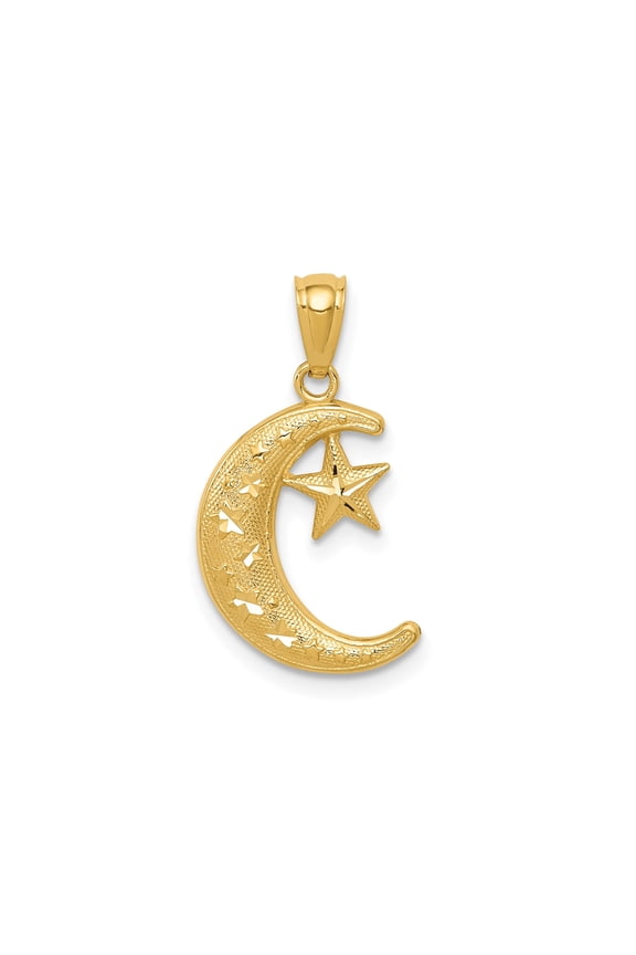 14k Yellow Gold Crescent Moon and Star Pendant, Textured Celestial Charm, Unisex, Jewelry Stores Network