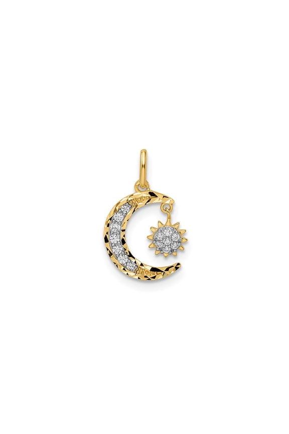 14K Yellow Gold Diamond-Cut Moon with Dangle Sun Pendant, CZ Accents, 12 mm