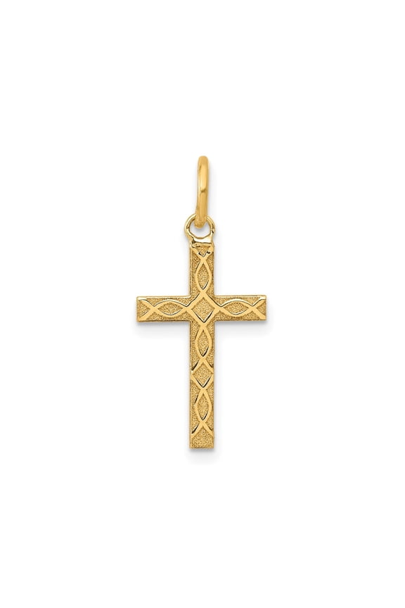 14k Yellow Gold Cross Pendant with Ichthys Fish Symbols, Textured Polished Religious Jewelry for Women or Unisex, Christian Catholic Faith Necklace for Baptism or Confirmation