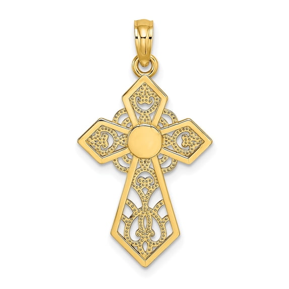 14K Yellow Gold Lace Cross Pendant Charm, Polished Openwork Cross, 23.6 mm