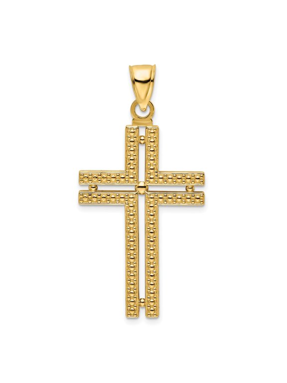 14k Yellow Gold Cross Pendant Necklace for Men and Women with Beaded Double Bar Design Polished Finish Modern Spiritual Jewelry in Textured Faith Style