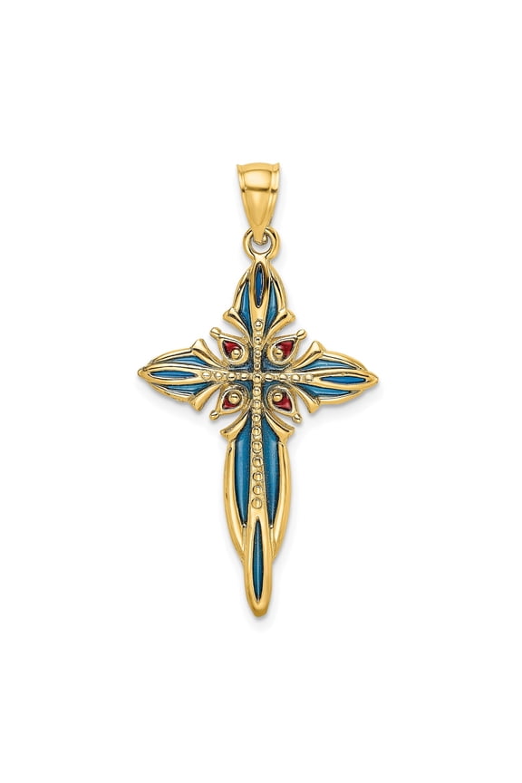 14k Yellow Gold Cross Pendant Necklace for Men and Women with Blue Red Enamel Duo Tone Religious Jewelry Faith Symbol Spiritual Charm Polished Ornate Design