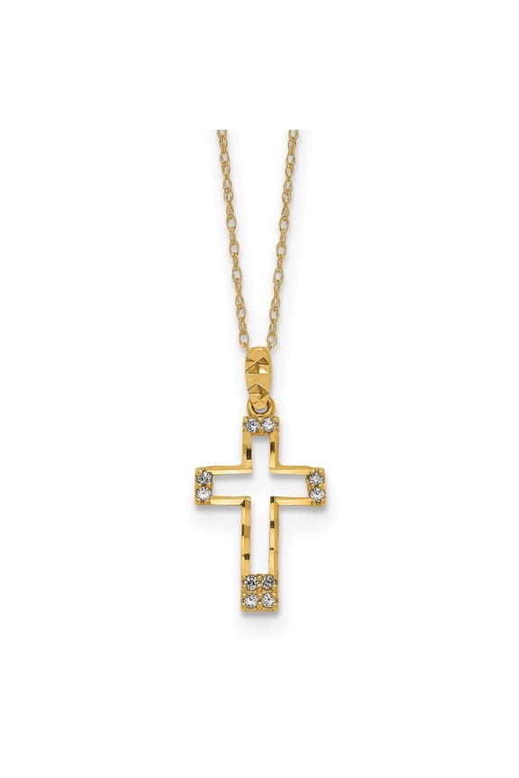 14k Yellow Gold Cubic Zirconia Cross Pendant Necklace, 16 in Cable Chain, Unisex