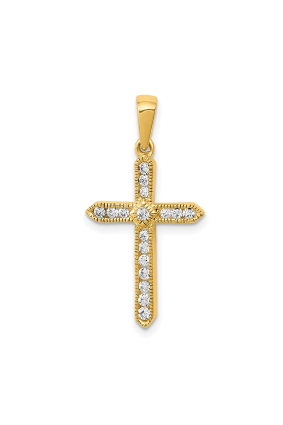 14K Yellow Gold Diamond Cross Pendant, 1/4 Ct. Total, Polished Milgrain Edge