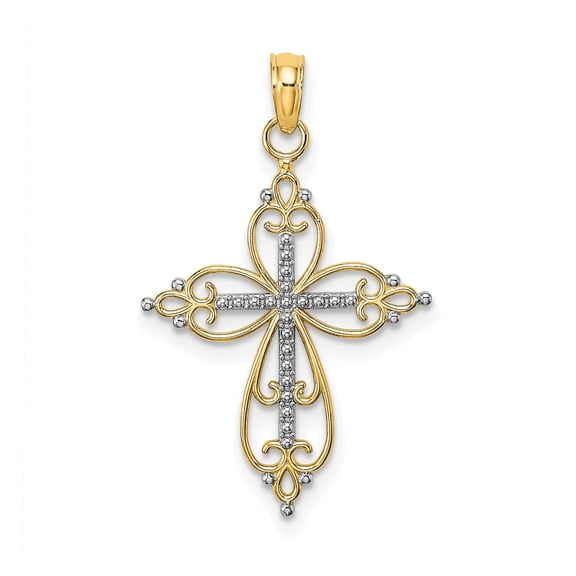14k Yellow Gold Cross Pendant Necklace for Men and Women with Two Tone Filigree Detail Vintage Religious Jewelry for Faithful Wearers in Ornate Spiritual Style