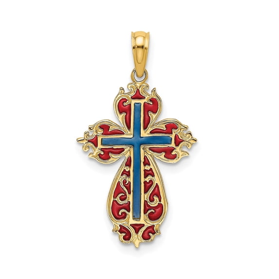 14k Yellow Gold Cross Pendant Necklace for Men and Women with Red Blue Enamel Detail Vintage Style Faith Symbol Spiritual Fashion Jewelry Piece