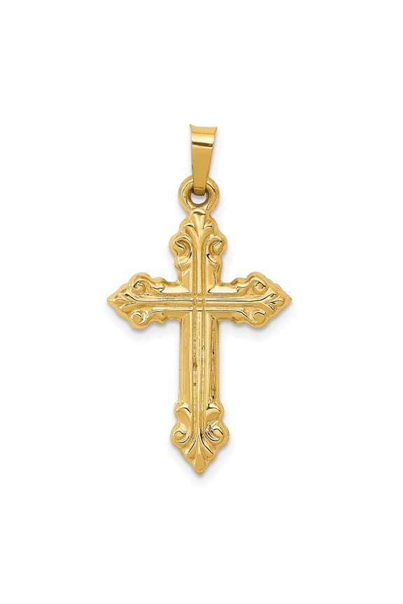 14k Yellow Gold Cross Pendant with Ornate Scroll Design for Women or Unisex Wear, Christian Religious Necklace Symbolizing Faith and Devotion, Catholic Baptism or Confirmation Jewelry