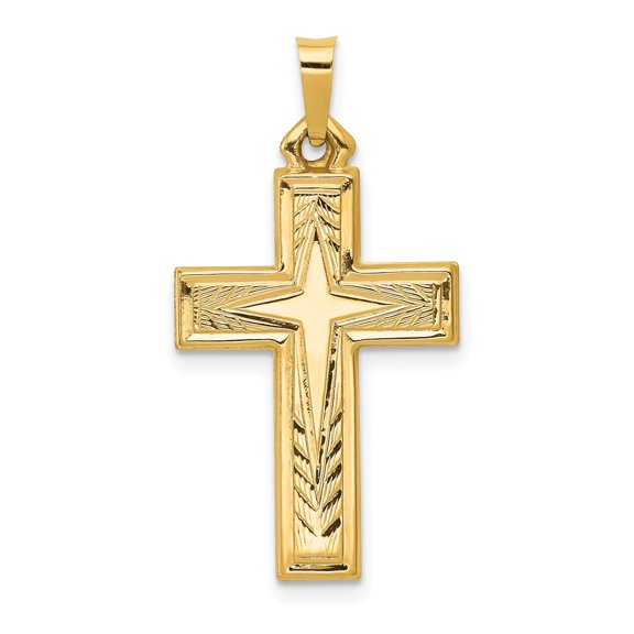 14k Yellow Gold Cross Pendant with Polished Finish and Leaf Engraving, Religious Jewelry for Men or Women, Christian Catholic Symbol of Faith for Spiritual or Daily Wear