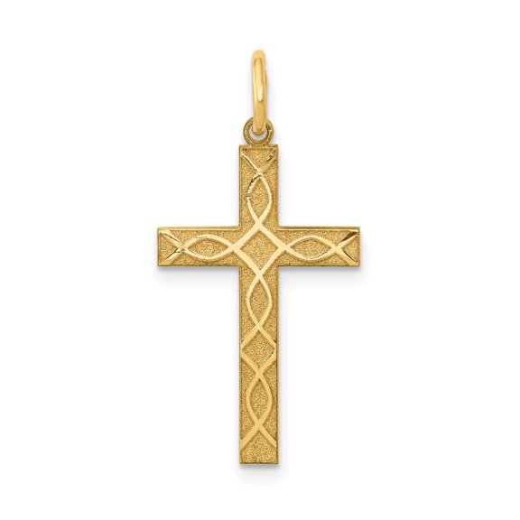 14k Yellow Gold Cross Pendant Charm with Ichthys Fish, Celtic Woven Religious Jewelry