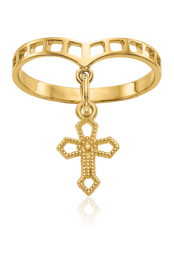 14K Solid Yellow Gold 2mm Slim Cross Dangle Charm Band Ring - Polished Adult