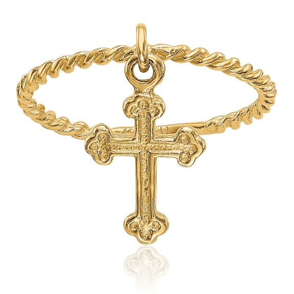 14K Solid Yellow Gold Cross Dangling Twisted Band Woven Crisscross Statement Ring