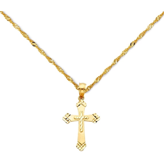 14k Yellow Gold Cross Religious Pendant Charm 1.2mm Singapore Necklace Chain (16)