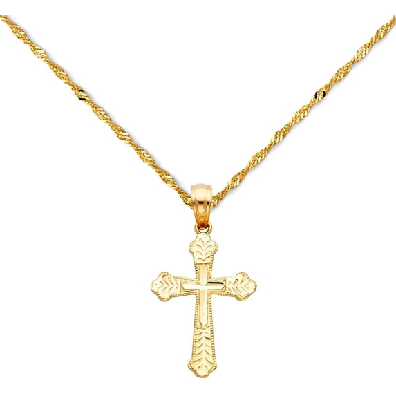 14k Yellow Gold Cross Religious Pendant Charm Singapore Necklace Chain Set (18)