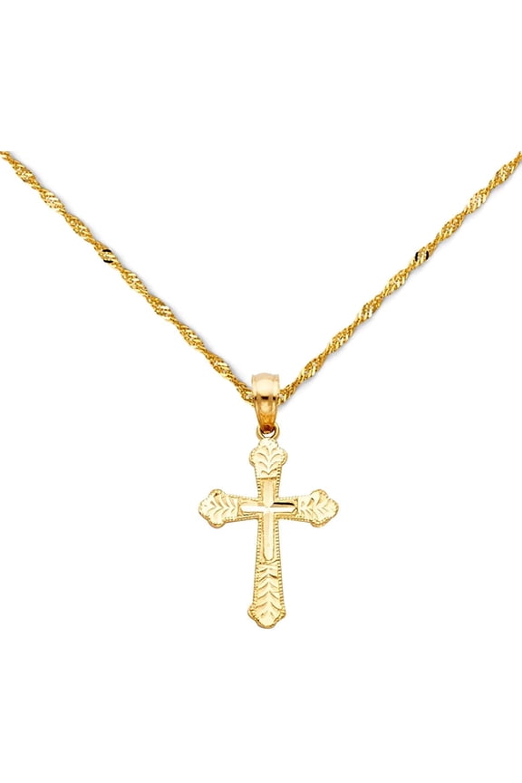 14k Yellow Gold Cross Religious Pendant Charm Singapore Necklace Chain Set (22)