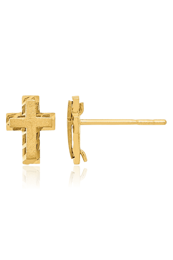 14K Solid Yellow Gold Holy Cross Studs Religious Christian Earrings