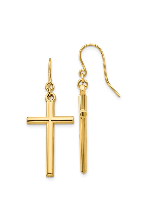 14k Yellow Gold Cross Shepherd Hook Dangle Earrings Fine Jewelry For Women Gifts For Her