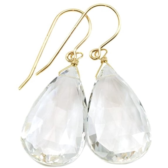 14k Yellow Gold Crystal Clear Quartz Earrings Large Long Faceted Teardrop Briolette Drops Designed for Adult Women