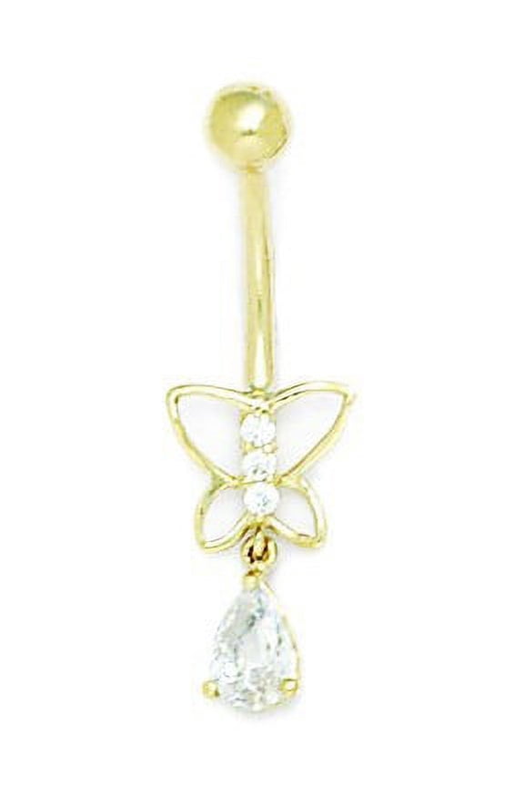 14k Yellow Gold Cubic Zirconia 14 Gauge Buttrefly Drop Body Jewelry Belly Ring - Measures 30x9mm