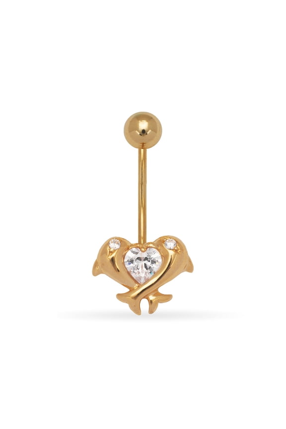 14k Yellow Gold Cubic Zirconia 14 Gauge Dangling Dolphins Body Jewelry Belly Ring - Measures 24x11mm