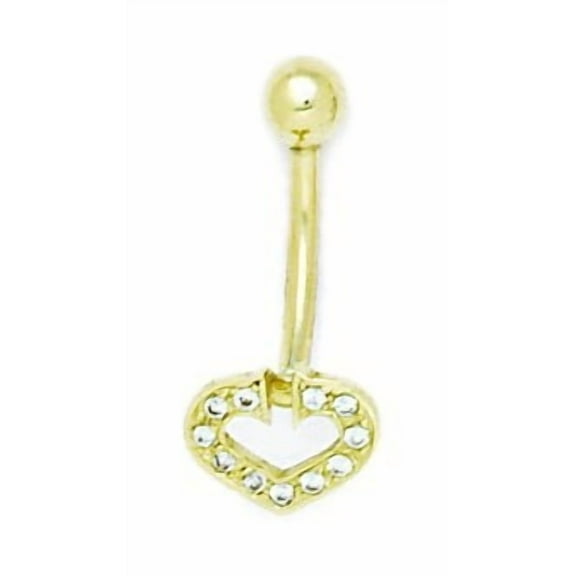14k Yellow Gold Cubic Zirconia 14 Gauge Dangling Heart Body Jewelry Belly Ring - Measures 23x10mm