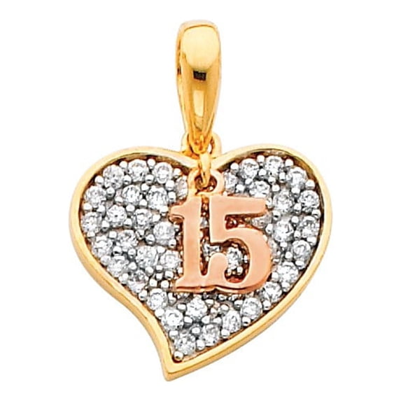 14k Yellow Gold Cubic Zirconia '15' Heart-shaped Quincinera Pendant