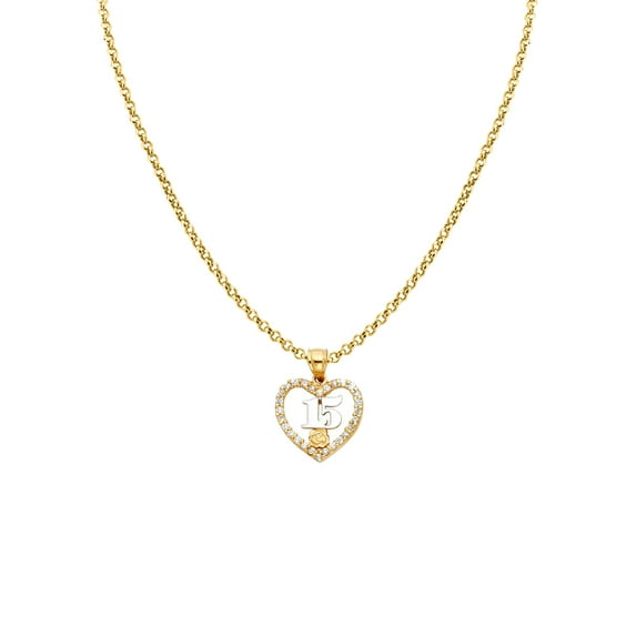 14k Yellow Gold Cubic Zirconia '15' Open Heart with Rose Flower Quincinera Pendant with 1.2mm Rolo Chain