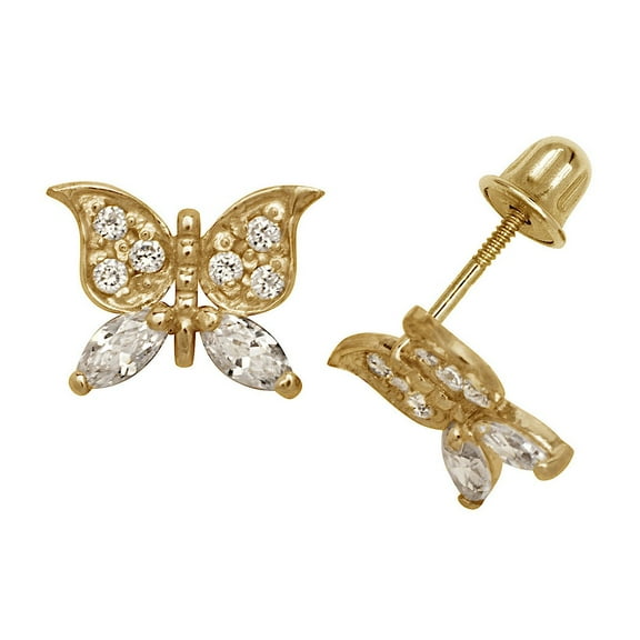 14k Yellow Gold Cubic Zirconia Butterfly Screw-Back Earrings - Measures 7x10mm