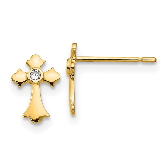 14k Yellow Gold Cubic Zirconia Mini Cross Post Earrings - Measures 9x6mm Wide