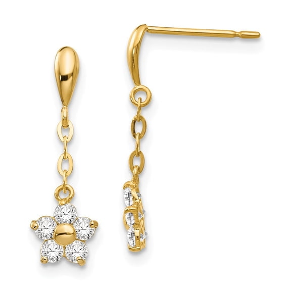 14k Yellow Gold Cubic Zirconia Mini Flower Dangle Post Earrings - Measures 20x6mm Wide