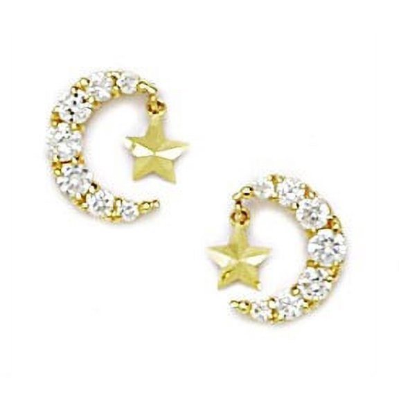 14k Yellow Gold Cubic Zirconia Crescent Moon With a Star Screw-Back Earrings - Measures 9x9mm
