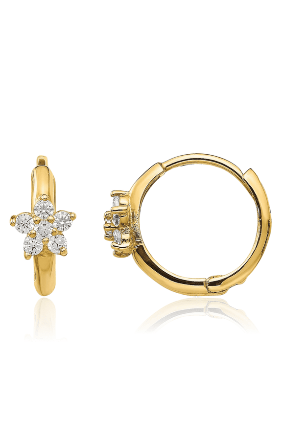 14K Solid Yellow Gold Cubic Zirconia CZ Flower Huggie Mini Small Hoop Earrings