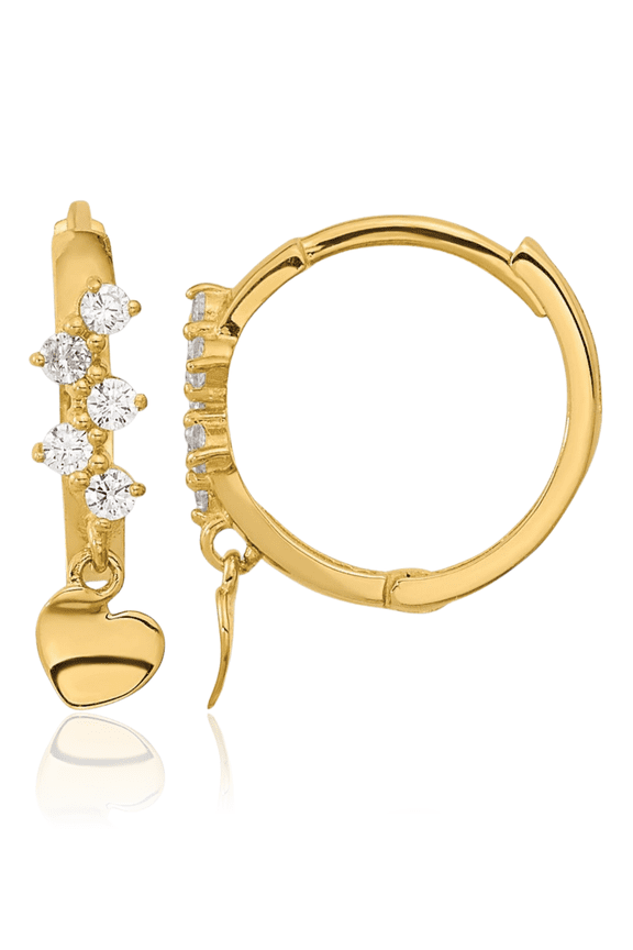 14K Solid Yellow Gold Cubic Zirconia CZ Heart Drop Dangle Huggie Small Hoop Earrings