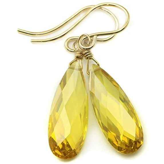 14k Yellow Gold Cubic Zirconia Earrings Canary Yellow Simulated Diamond Teardrops Faceted CZ Drops 1.4" Designed for Adult Women