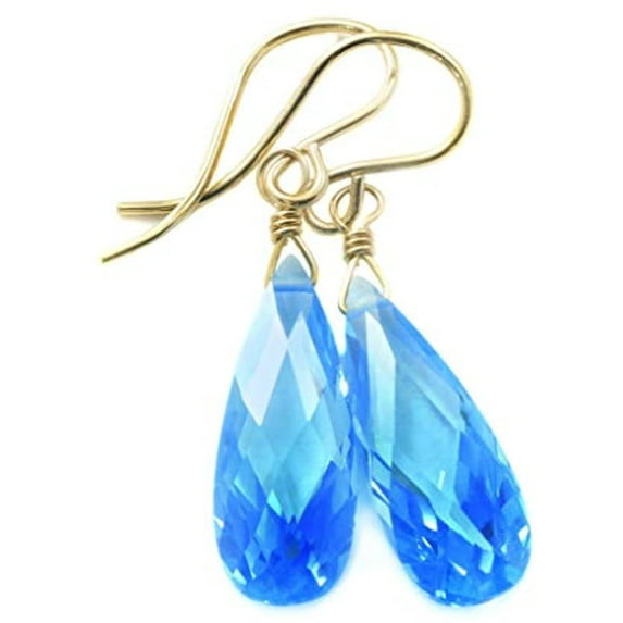 14k Yellow Gold Cubic Zirconia Earrings Long Faceted Blue Teardrops Simulated Topaz In Cz Simple Everyday Dangles Designed for Adult Women 1.4"