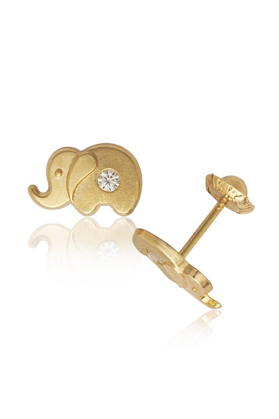 14k Yellow Gold Cubic Zirconia Elephant Shaped Screw-Back Earrings - Measures 6x9mm