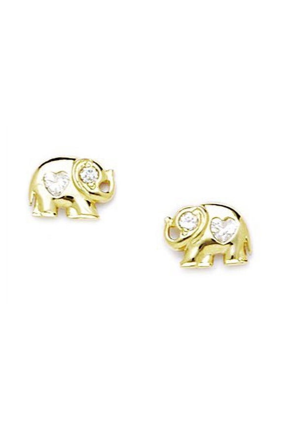 14k Yellow Gold Cubic Zirconia Elephant Shaped Screw-Back Earrings - Measures 7x9mm