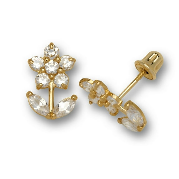 14k Yellow Gold Cubic Zirconia Flower With Leaves Screw-Back Earrings - Measures 11x7mm