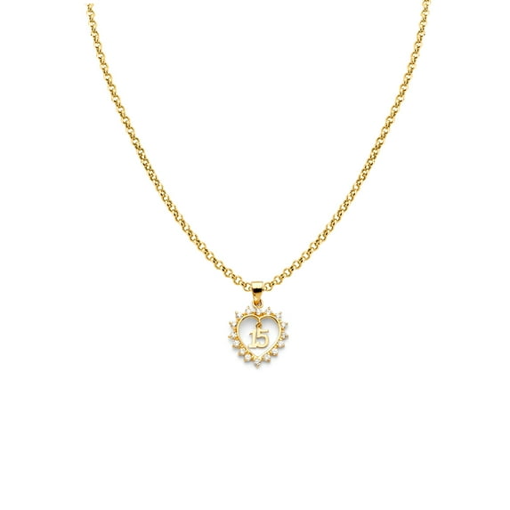 14k Yellow Gold Cubic Zirconia Halo '15' Heart-shaped Quincinera Pendant with 1.2mm Rolo Chain
