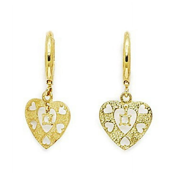 14k Yellow Gold Cubic Zirconia Heart Drop Hinged Earrings - Measures 22x10mm