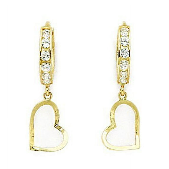 14k Yellow Gold Cubic Zirconia Heart Drop Hinged Earrings - Measures 23x7mm