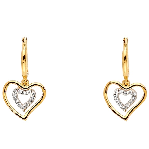 14k Yellow Gold Cubic Zirconia Heart Hanging Earrings , (15mm X 8mm)