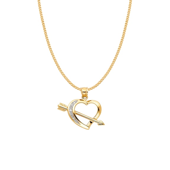 14k Yellow Gold Cubic Zirconia Heart and Arrow Pendant with 0.8-mm Yellow Gold Square Wheat Chain