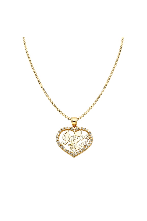 14k Yellow Gold Cubic Zirconia 'I Love You' Heart Pendant with 1.2mm Rolo Chain