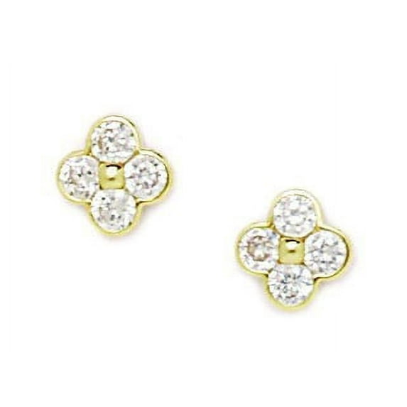 14k Yellow Gold Cubic Zirconia Medium 4 Petal Flower Screw-Back Earrings - Measures 8x8mm