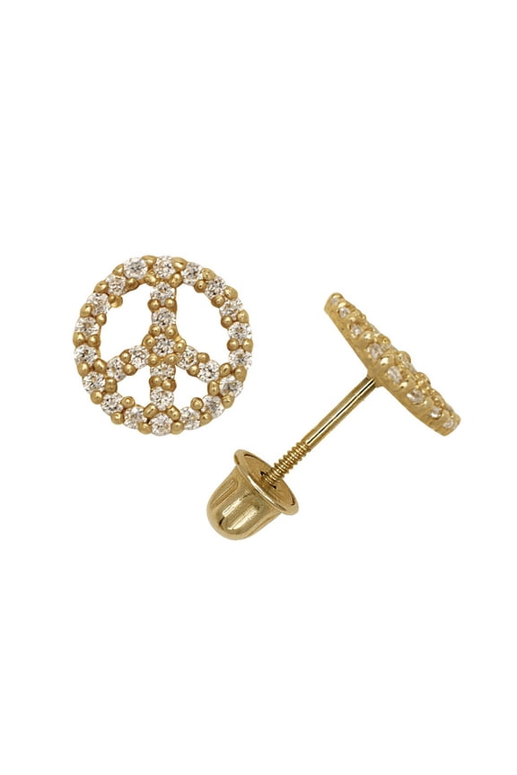 14k Yellow Gold Cubic Zirconia Medium Peace Sign Screw-Back Earrings - Measures 8x8mm