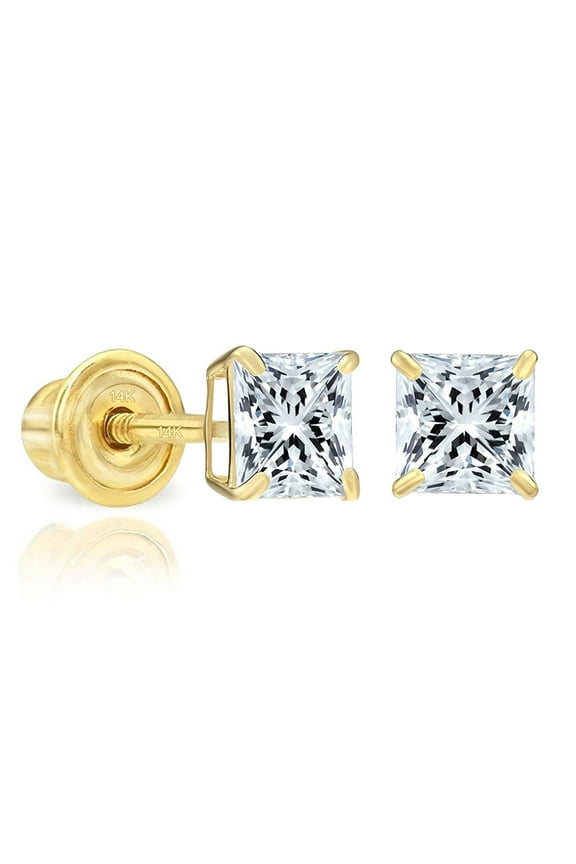 14k Yellow Gold Cubic Zirconia Princess Cut Stud Earrings with Screw Backs
